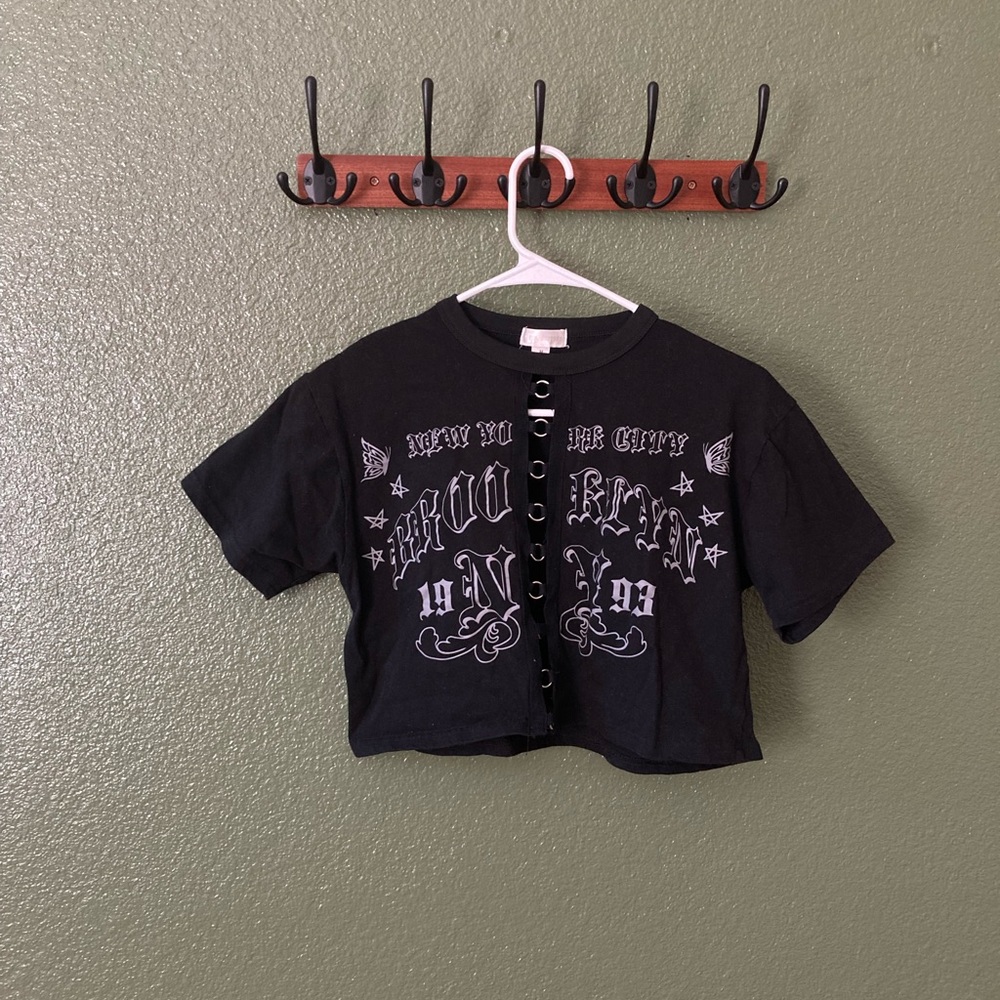 J for justify croptop with sliver hoops down the front of the shirt SIZE/ M
